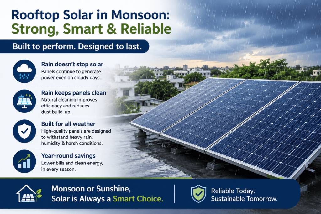 Rooftop solar installation during monsoon showing reliable solar energy generation in cloudy conditions